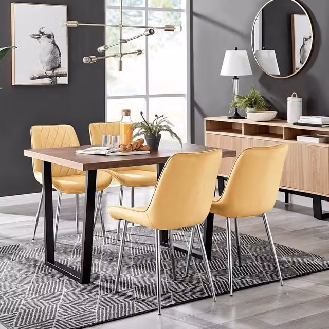 FurnitureboxUK Kylo Brown Wood Effect Dining Table and 4 Pesaro Mustard Chairs with Silver Legs