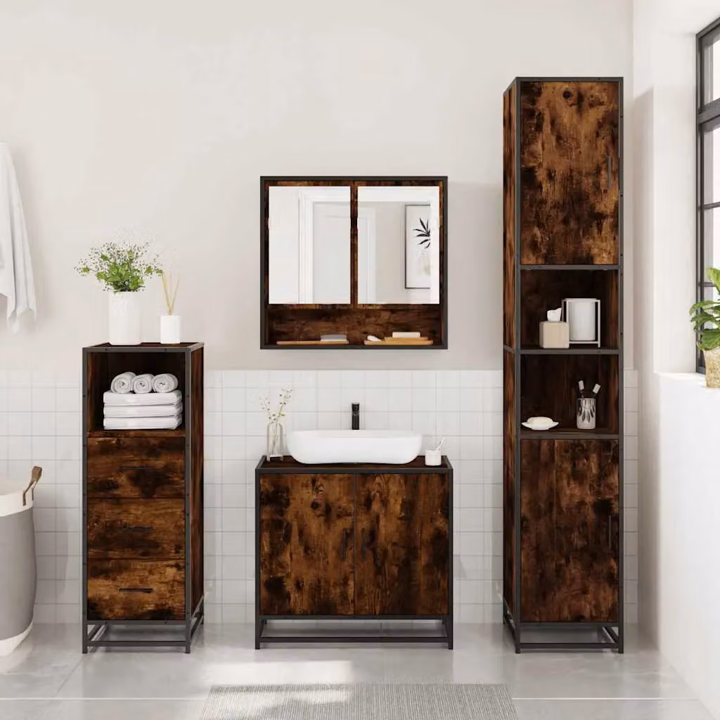 Berkfield Home 3 Piece Industrial Bathroom Furniture Set in Brown Smoked Oak Engineered Wood – 3