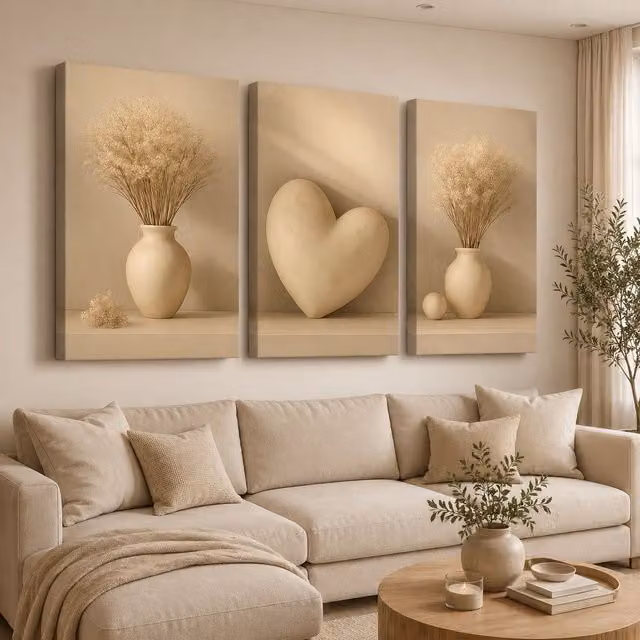 Mafett Set of 3 Beige Abstract Botanical Canvas Wall Art, W: 45.72 cm, H: 60.96 cm