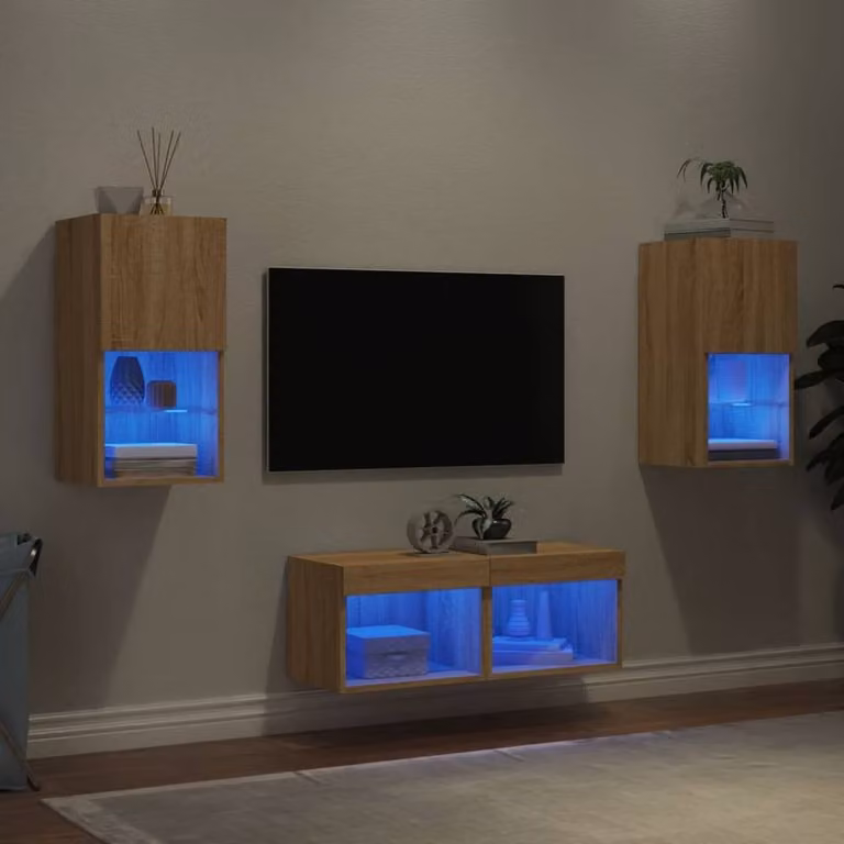 Berkfield Home 4 Piece Modern Wall Mounted TV Cabinet Set with Integrated LED Lighting in Sonoma Oak Brown