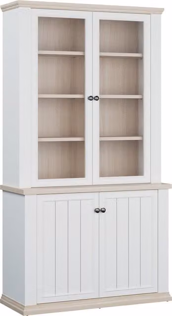 Furniture To Go Pontypool 4 Door Display Cabinet in White and Riva Oak with Glass Doors
