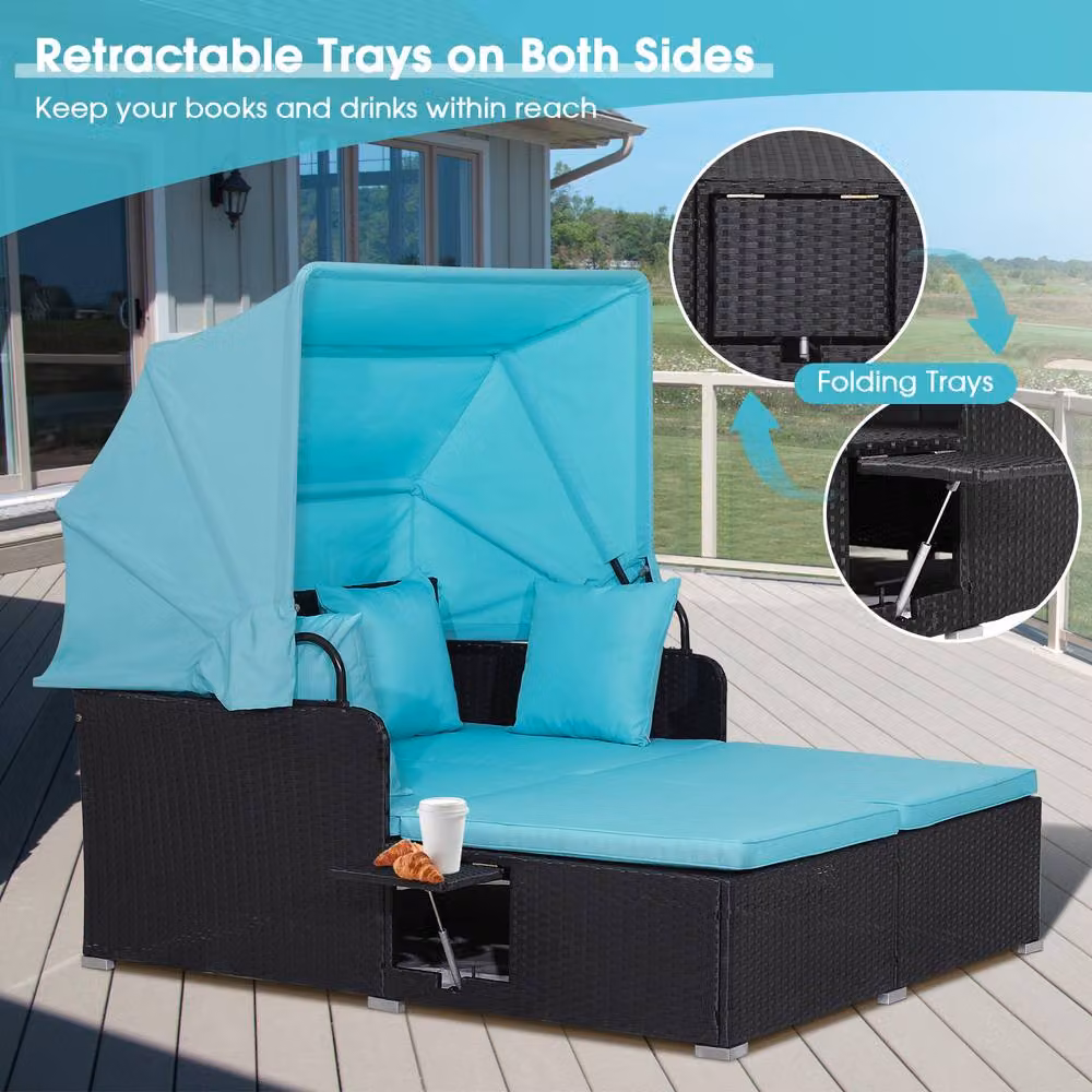 Gymax Turquoise Hand-Woven PE Wicker Patio Loveseat Sun Lounger Day Bed with Canopy and Side Tray – 4