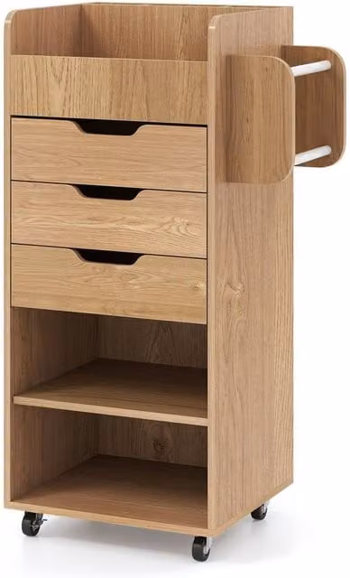 VOGREX Natural Rolling Storage Cart with 3 Drawers and 2 Dowel Rods in Brown and Beige – 1