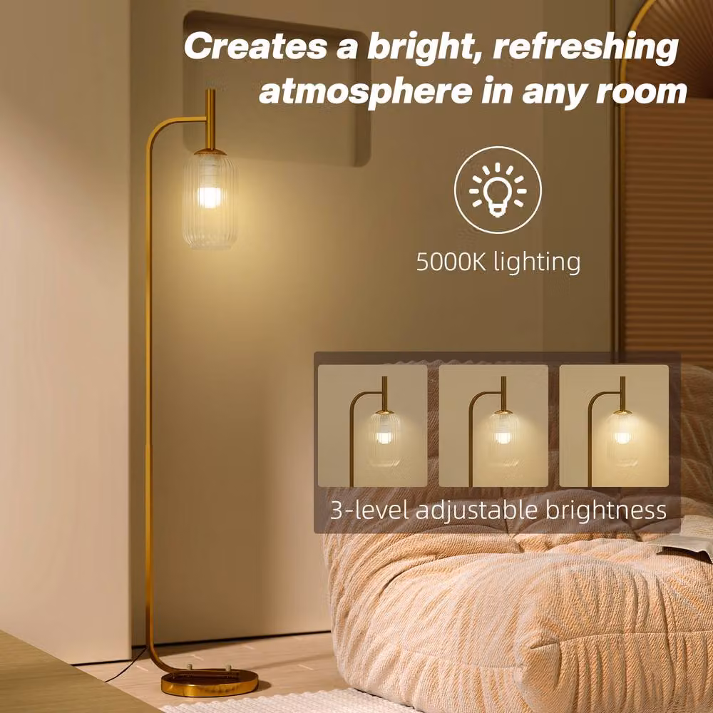 HOMCOM Modern Gold Floor Lamp with Glass Lampshade and Foot Switch – 4
