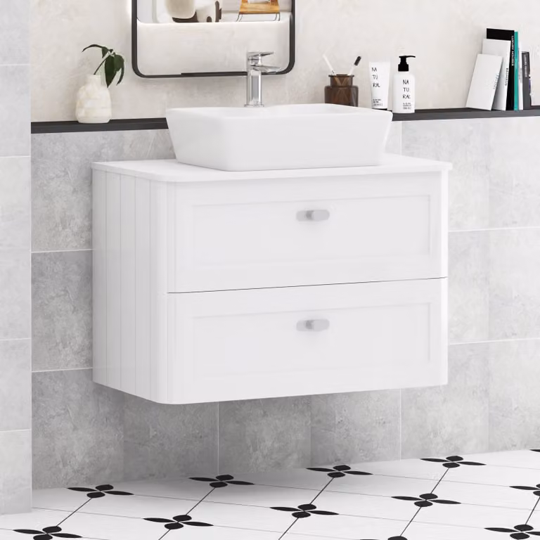 Royal Bathrooms Henley 800mm Gloss White Wall Hung Vanity Unit with 2 Drawers and Plain White Worktop
