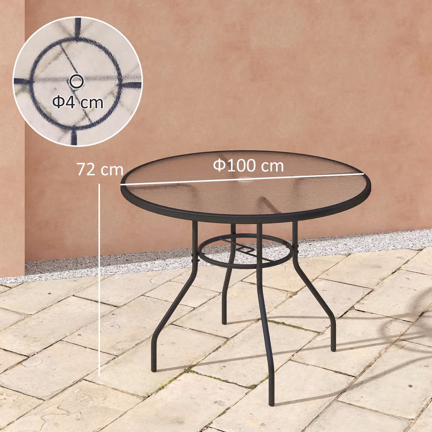 OUTSUNNY Round Outdoor Dining Table with Tempered Glass Top and Parasol Hole, Black, Diameter: 100 cm – 2