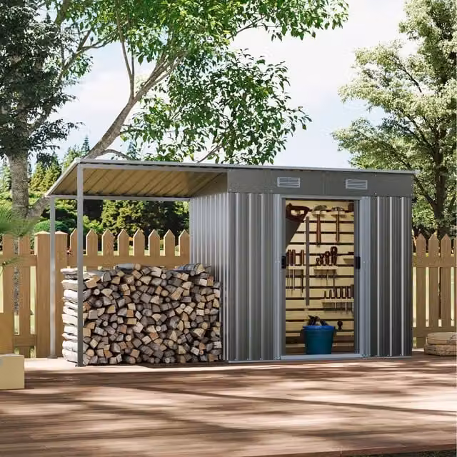 Livingandhome Grey Metal Pent Garden Shed with Sliding Doors and Log Storage, Width: 121 cm