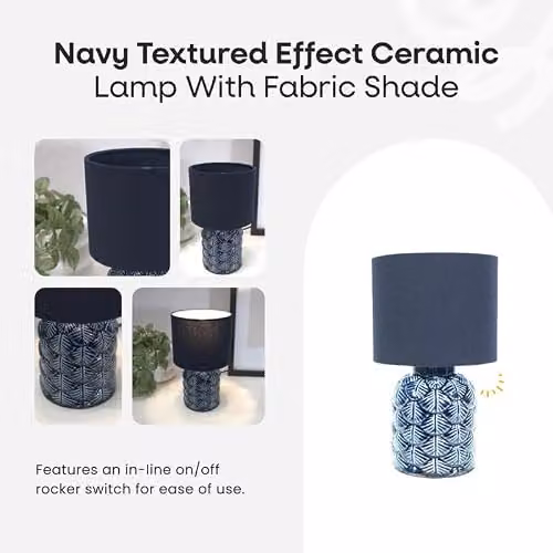 ValueLights Navy Blue Textured Scallop Ceramic Table Lamp with Beige Fabric Drum Lampshade and LED Bulb – 2