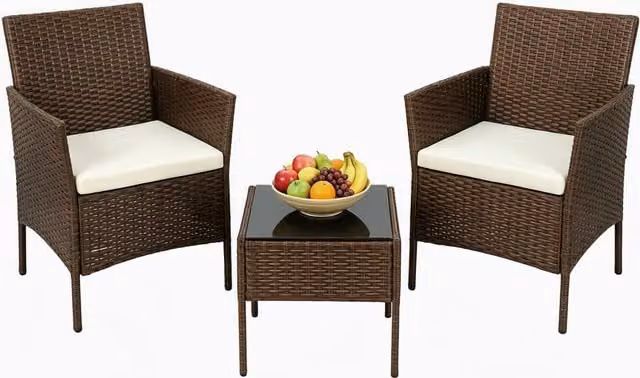 Alivio Modern Brown Polyrattan Bistro Set with 2 Lounge Armchairs, Cushions and Coffee Table – 1
