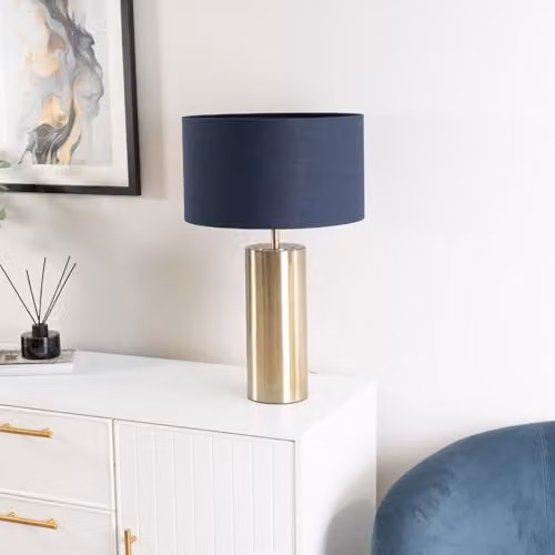 ValueLights Antique Brass Single Stem Touch Dimmer Table Lamp with Navy Blue Fabric Drum Shade and LED Bulb – 2