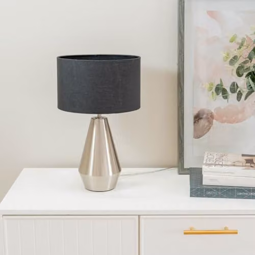 ValueLights Silver Metal Touch Dimmer Table Lamp with Grey Fabric Drum Shade and LED Bulb – 2