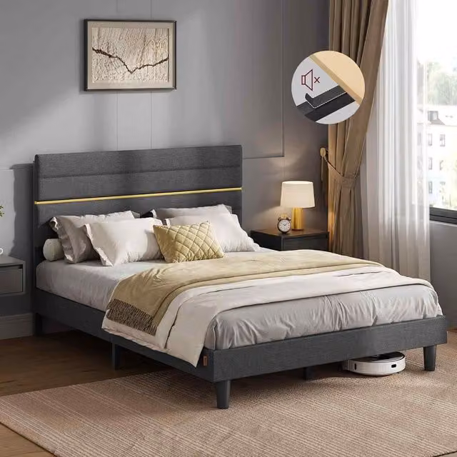 The Bazaarist Modern Upholstered Double Bed Frame in Grey with Metal and Wood Construction, W/D/H: 140 x 200 x 135 cm