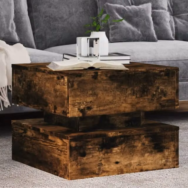 Berkfield Home Modern Square Coffee Table with LED Lights in Smoked Oak Brown, W/D/H: 50 x 50 x 40 cm – 1
