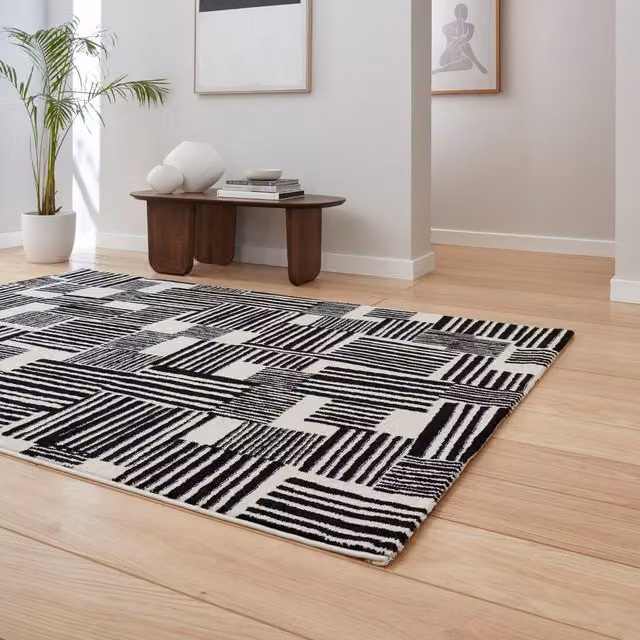 Catherine Lansfield Blocks Modern Abstract Geometric Rug in Black and White