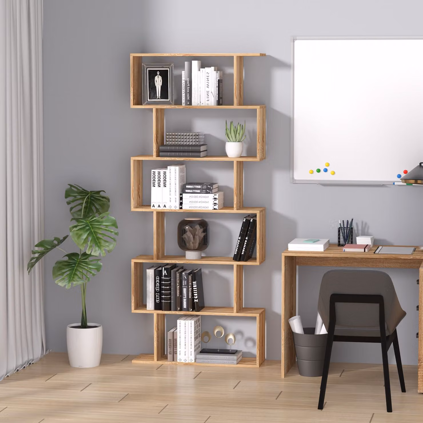 HOMCOM Serpentine Oakwood Room Divider with 6 Shelves in Brown – 2
