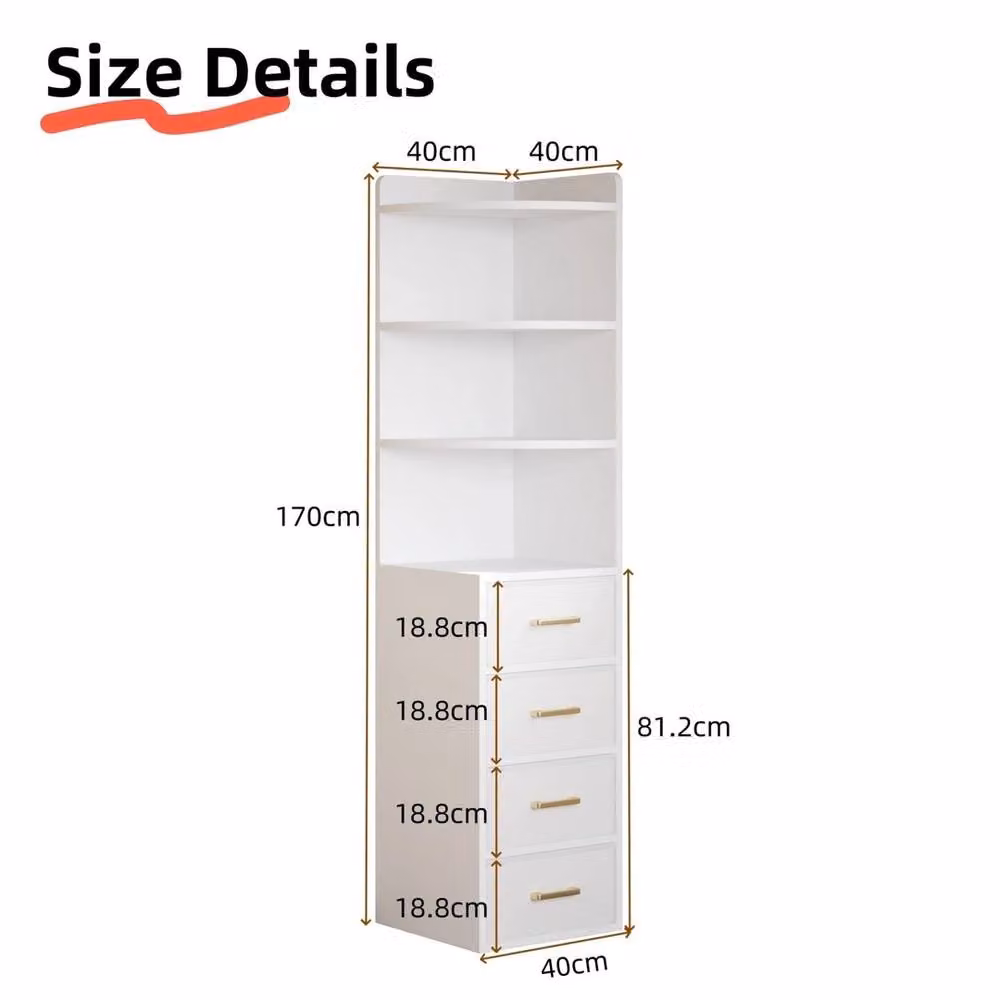 VOGREX White Tall Corner Cabinet with 4 Shelves, 4 Drawers and Gold Handles – 2