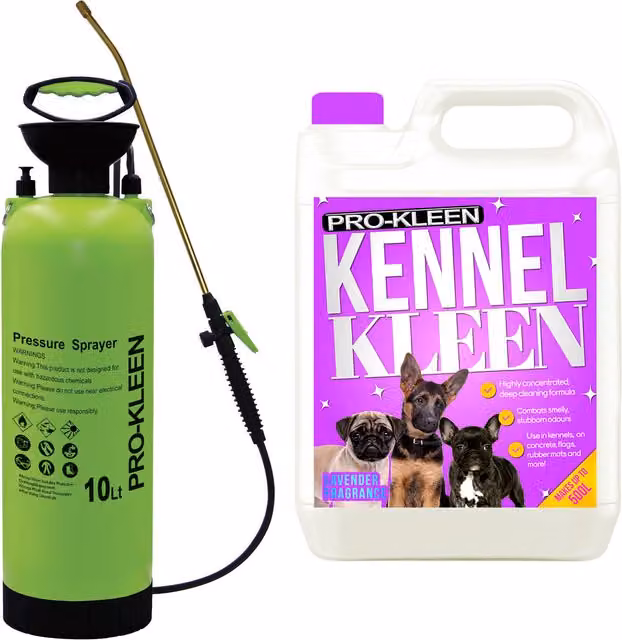 Pro-Kleen 10L Pump Sprayer with 5L Lavender Kennel Kleen Cleaner in Purple and Green