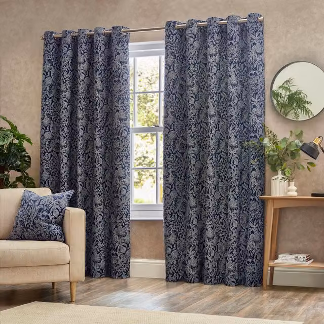 Wylder Nature Bali Botanical Jacquard Eyelet Curtains in Midnight Blue, Width: 168 cm, Drop: 137 cm – 1