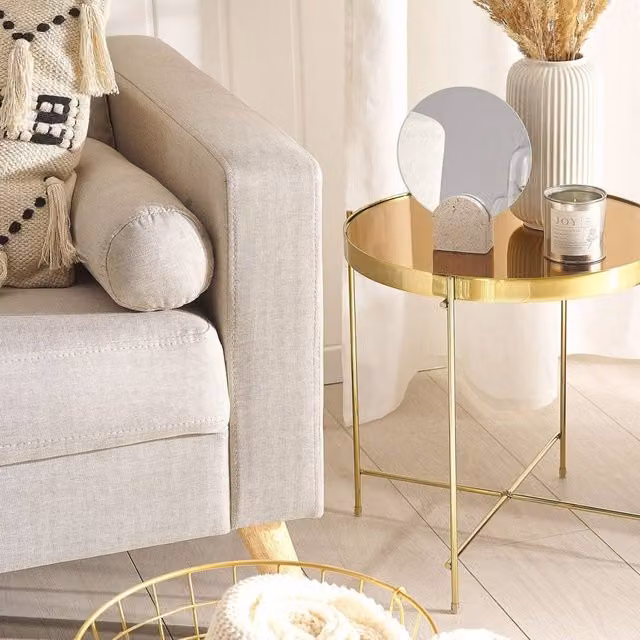 Wyld and Coco Round Side Table with Golden-Brown Tempered Glass Top and Gold Metal Legs, Diameter: 40 cm