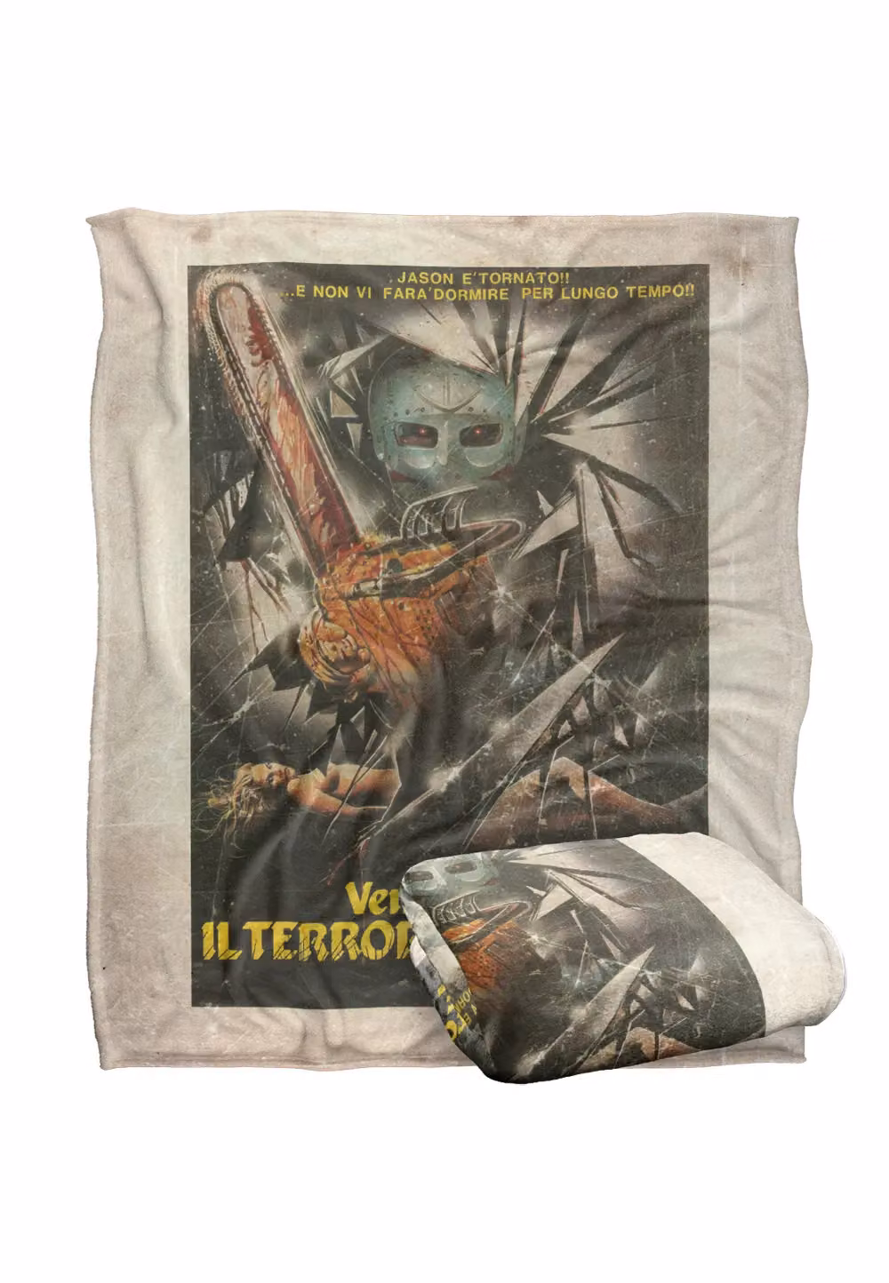 Friday the 13th International Chainsaw Poster Throw Blanket, White, W/D: 152 x 127 cm – 2