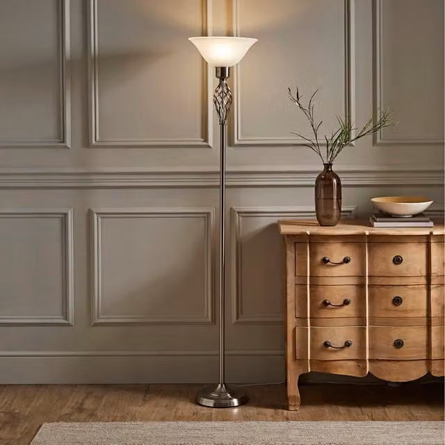 Memphis Barley Twist Floor Lamp with White Alabaster Glass Dome Shade in Silver