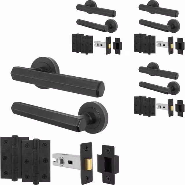 AFIT Matt Black Aluminium Door Handle Latch and Hinge Set, 4 Pack, 150 x 150 mm – 1