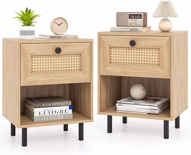 Gymax Set of 2 Boho Style Rattan Bedside Tables with Drawer and Metal Legs in Natural Brown – 1