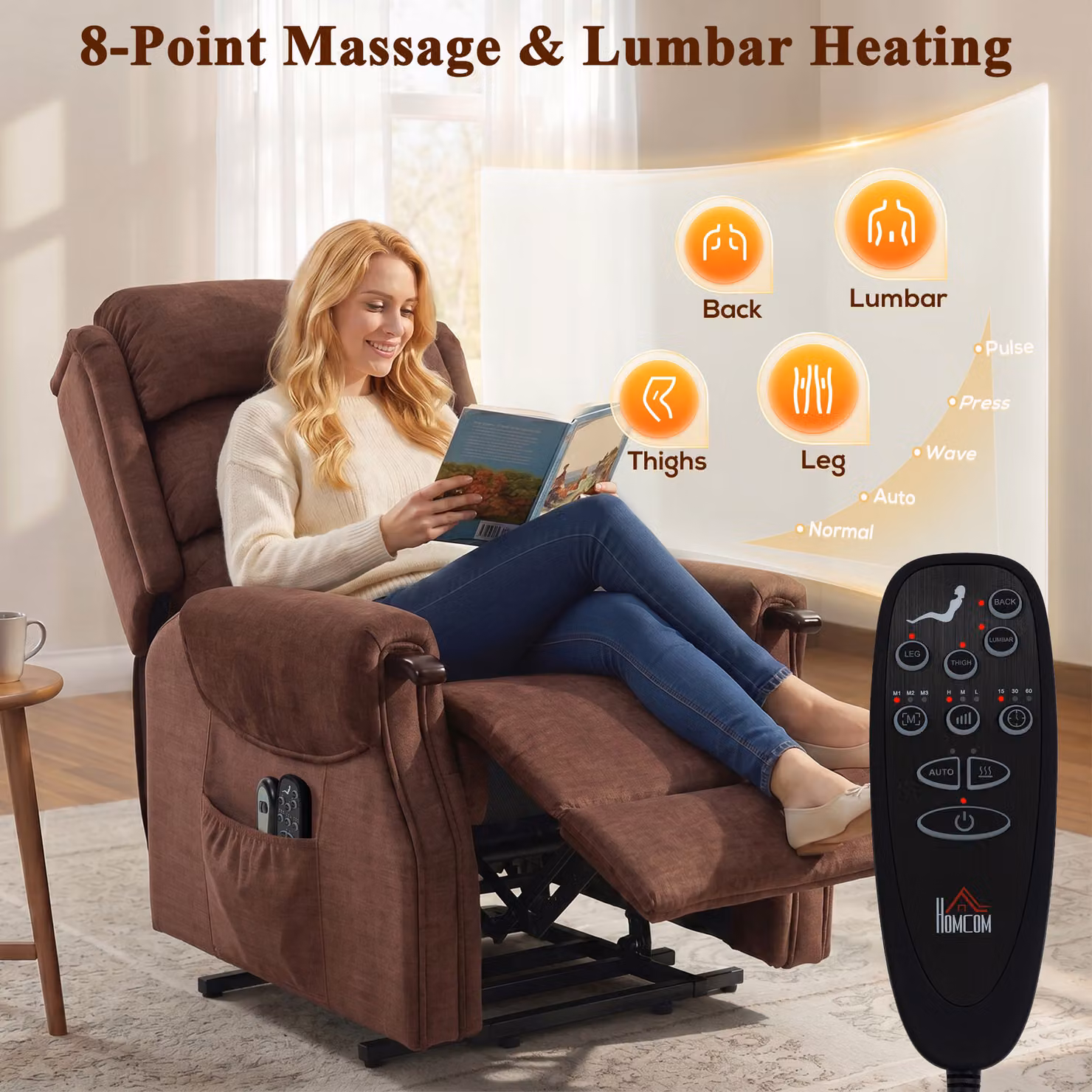 HOMCOM Power Lift Recliner with Vibration Massage and Heat in Brown Fabric – 6
