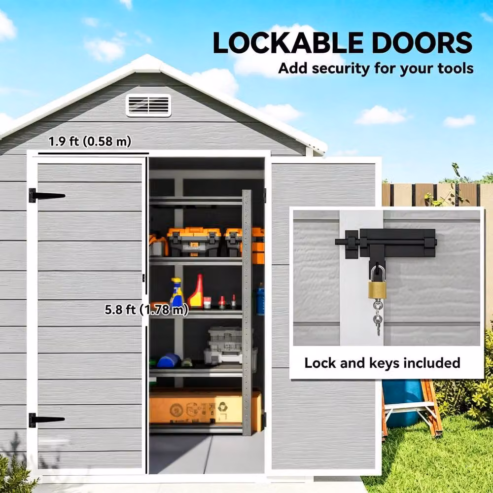 STILVORA Grey Garden Shed with Floor, Window and Lockable Double Doors W: 182 cm, D: 151 cm, H: 219 cm – 6