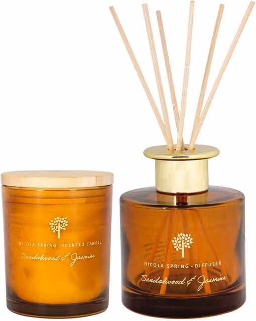 Nicola Spring Scented Candle and Reed Diffuser Set in Sandalwood and Jasmine, Orange and Brown, 21.0 g and 2.0 l