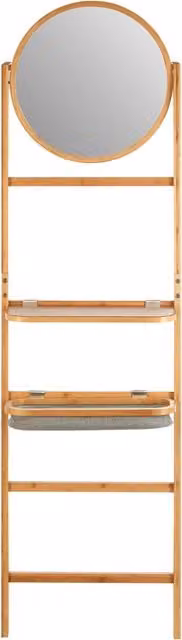 Orsina 5 Tier Bamboo Ladder Towel Rack with Integrated Mirror and Foldable Trays, Brown – 1