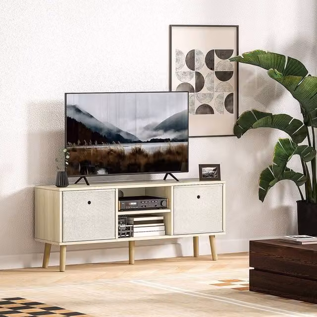 EONLION Wood Finish TV Cabinet Unit with Shelves in Brown, Sand or Beige, Width: 100 cm