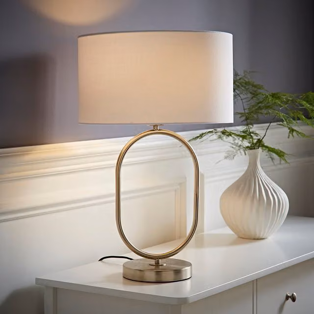Antonia Brushed Chrome Oval Table Lamp with White Fabric Drum Shade
