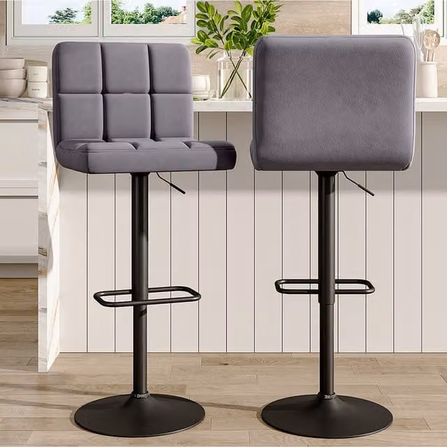 Livingandhome Set of 2 Modern Grey Velvet Bar Stools with Metal Legs