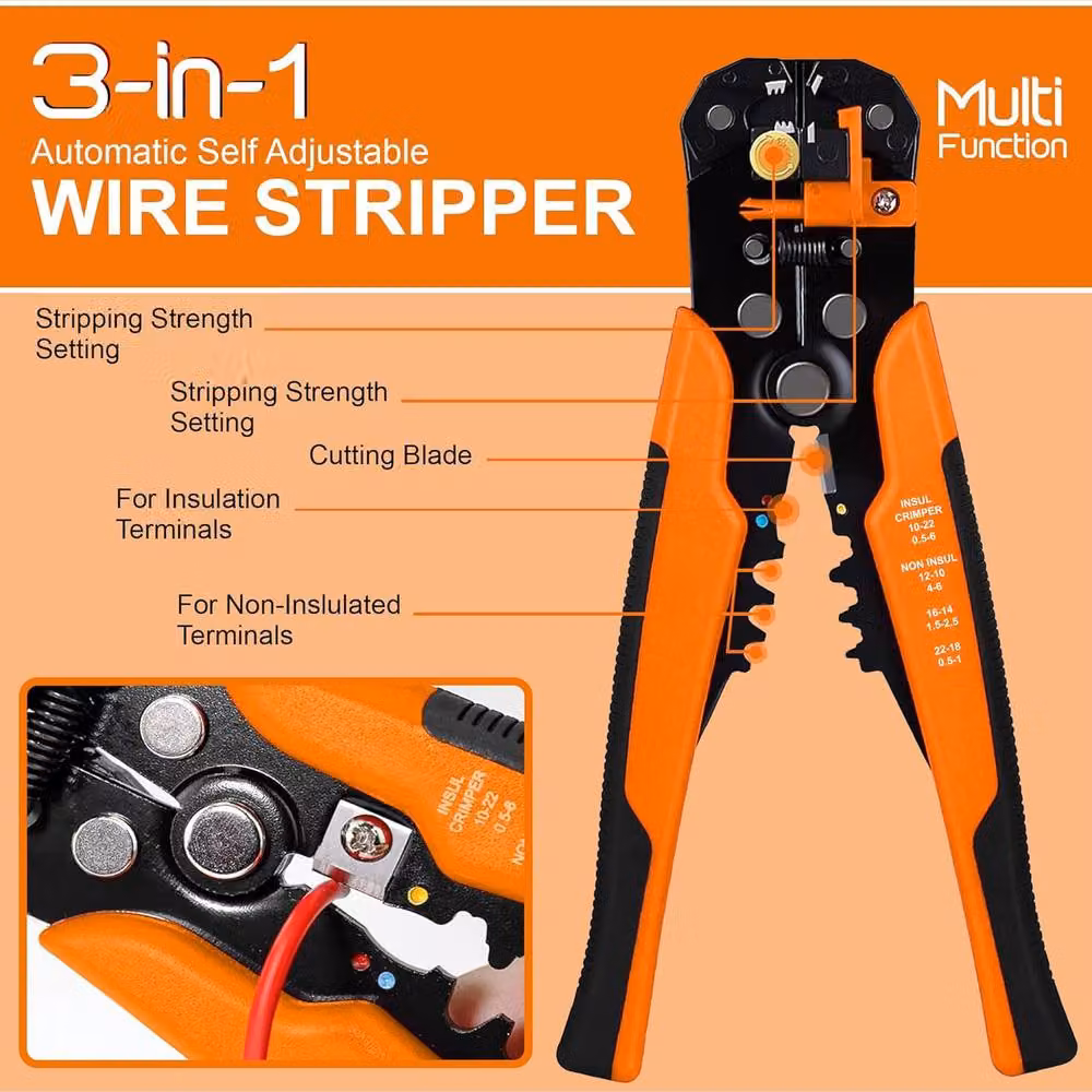 ATEK 3-in-1 Electrical Wire Strippers, Cutters and Terminal Crimper in Orange – 5