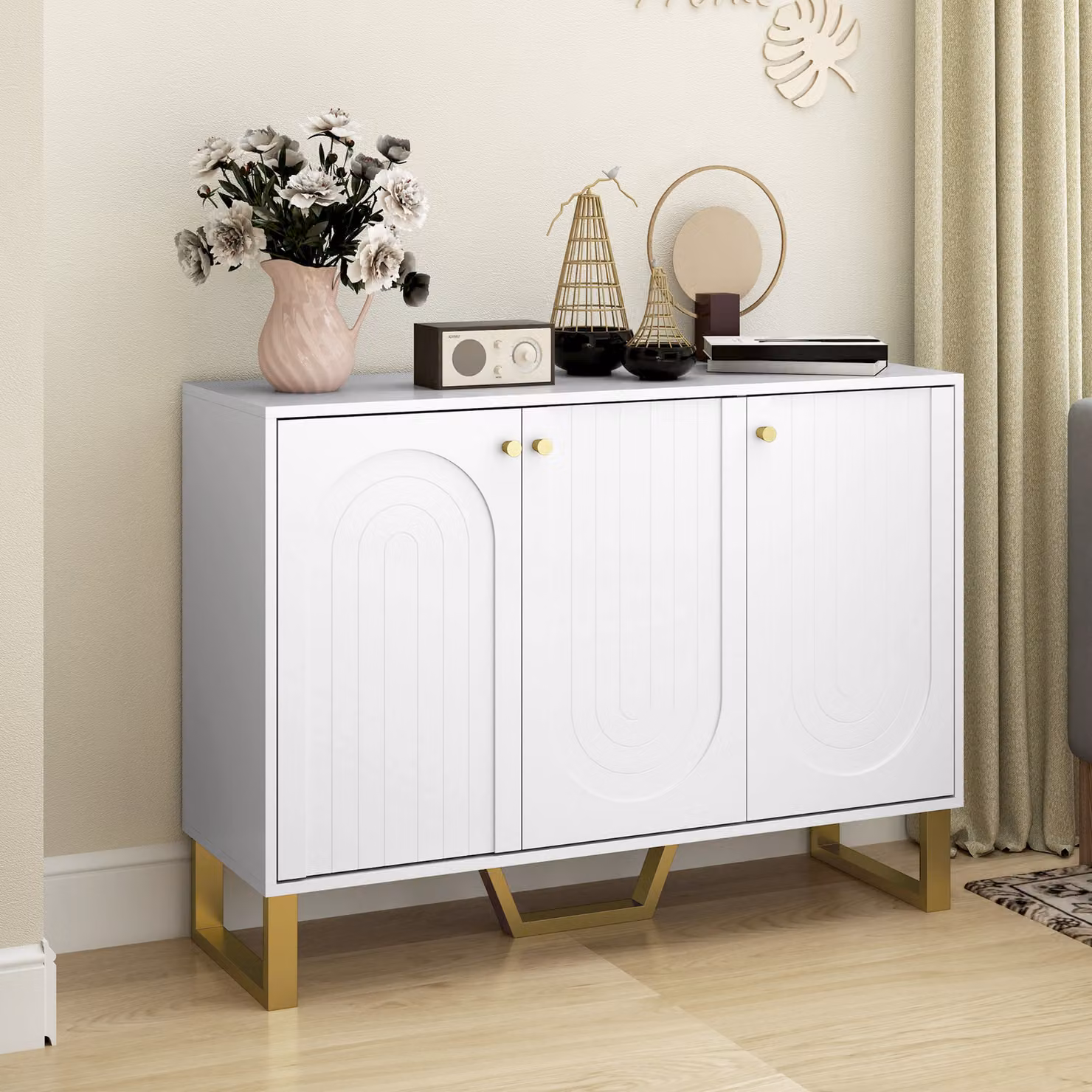 HOMCOM Modern 3-Door Sideboard Storage Cabinet in White and Gold – 2