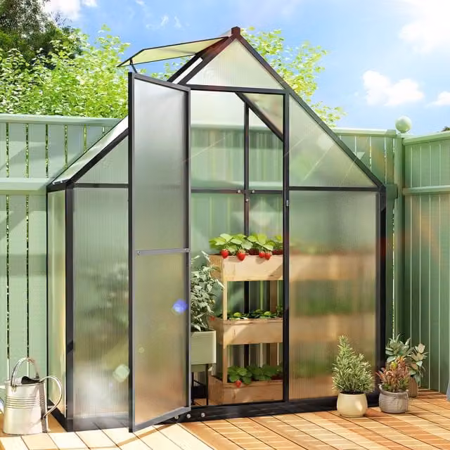 Outsunny Black Polycarbonate and Aluminium Gable Greenhouse with Hinged Swing Door