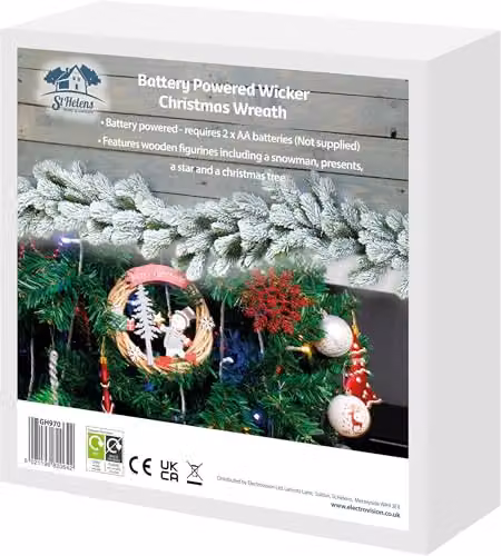 St Helens Home & Garden Battery Powered Multicolour Wicker Christmas Wreath with Snowman Design – 8