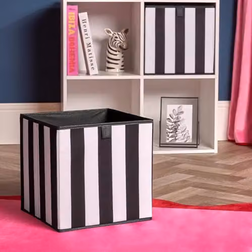 OHS Set of 2 Stripe Print Fabric Cube Storage Boxes in Black and White, W/D/H: 27.0 x 27.0 x 27.0 cm – 2