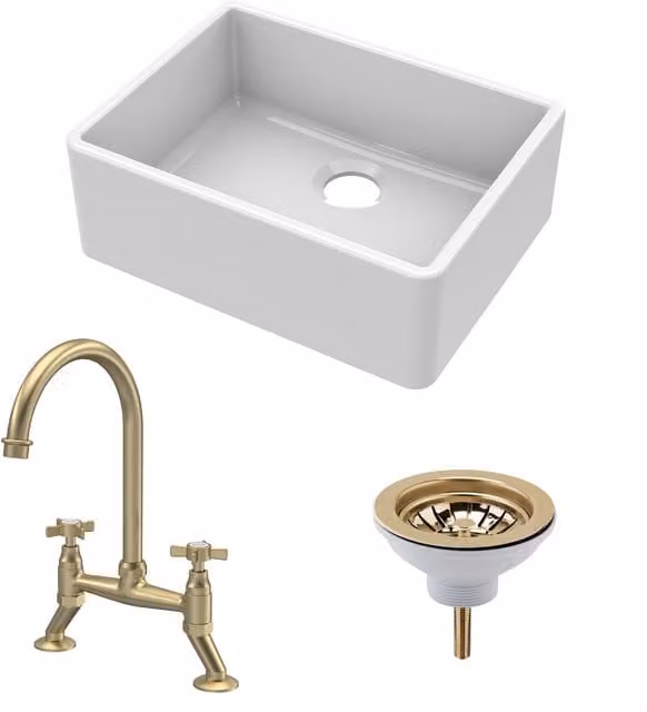 Balterley Fireclay Kitchen Bundle Single Bowl Butler Sink with Strainer Waste and Bridge in White