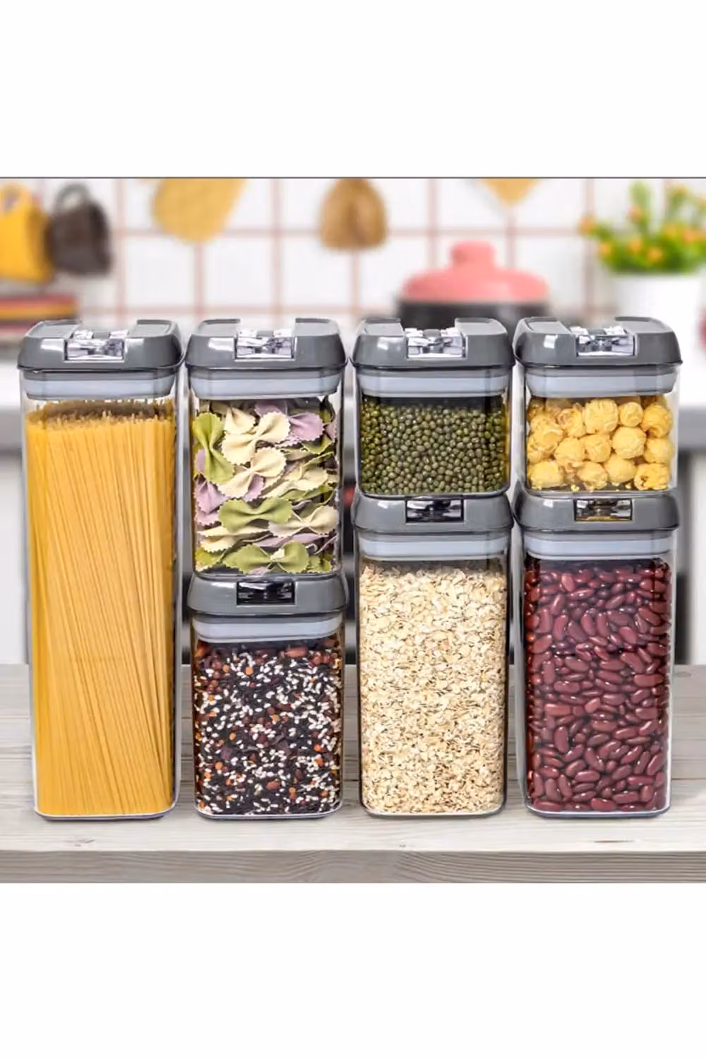 Living and Home 7-Piece Airtight Food and Cereal Storage Container Set with Clip Lids, Grey, 6.9L Total Volume – 2
