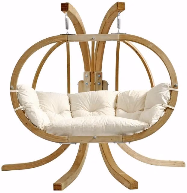 Amazonas Globo Royal Double Hanging Egg Chair Set with Wooden Stand in Oliva, Green and Beige