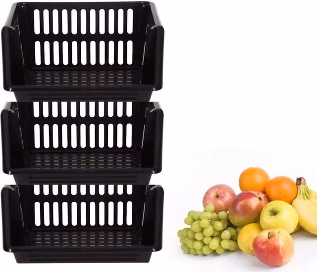 Whitefurze 3 Tier Black Stackable Slatted Plastic Storage Baskets