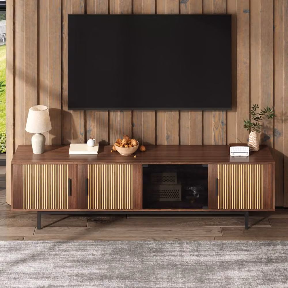 BTM Modern Brown TV Cabinet with Carved Texture, LED Strip and Tempered Glass Door – 2