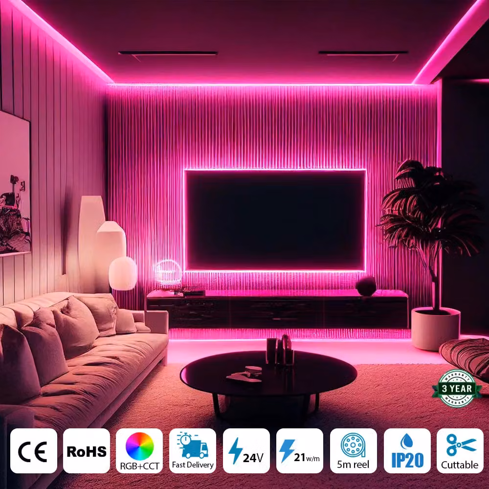 ENER-J 5m RGB+CCT COB LED Strip Light, 24V High Density 840 LEDs/m Dotless, White and Multicolour – 3