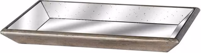 KDMD Astor Antique Silver Distressed Mirrored Rectangular Tray with Wooden Detailing