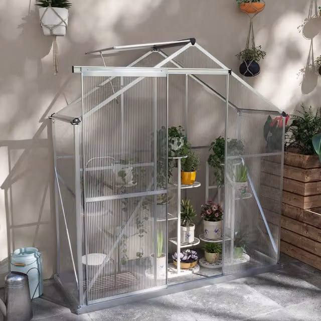 Outsunny Silver Walk-In Polycarbonate Greenhouse with Sliding Doors