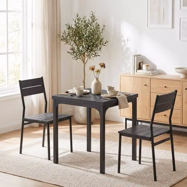 HOMCOM 3 Piece Compact Dining Set with Square Table and 2 Chairs in Black Wood Effect