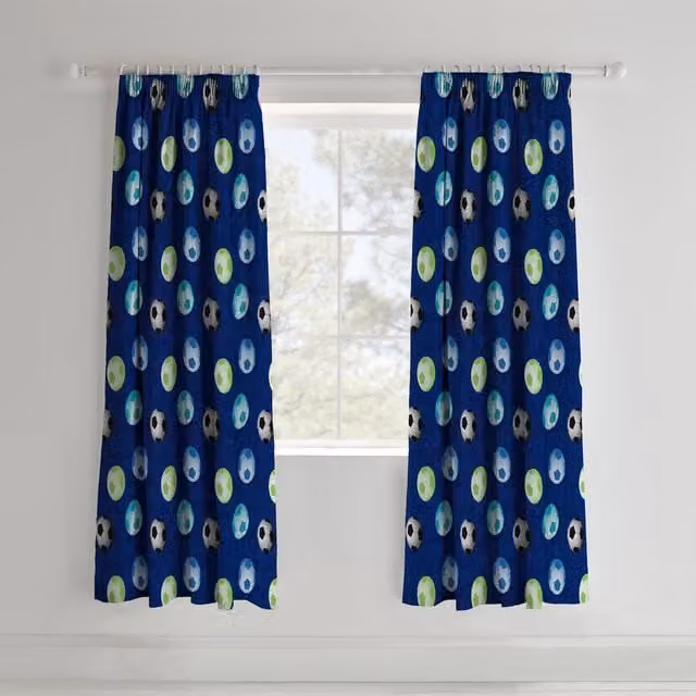 Catherine Lansfield Football Pencil Pleat Lined Curtains, Blue, Width: 167.64 cm, Height: 182.88 cm