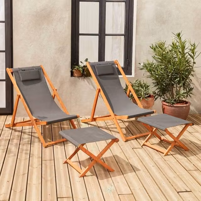 sweeek Pair of Dark Grey Wooden Deckchairs with Footrests and Adjustable Headrests
